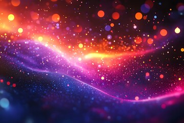 Dynamic abstract background with glowing multicolored particles and luminous wavy energy trails creating a vibrant effect