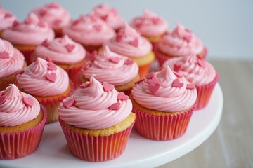 Valentine cupcakes with pink frosting on a pristine white cake stand display setup