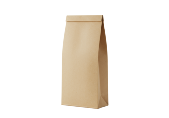 A single, new, light brown kraft paper bag, empty and upright, with a neatly folded top edge, isolated against a transparent background with copy space, concept for blank product packaging