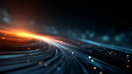 Abstract glowing lines and vibrant light trails create a high tech, futuristic atmosphere with a sense of motion. The image symbolizes innovation, speed, and digital transformation in a modern world