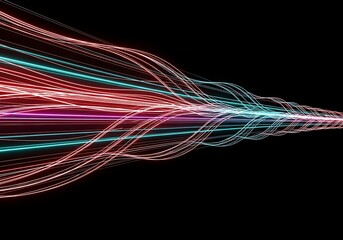 Vibrant neon light trails flow dynamically on black background