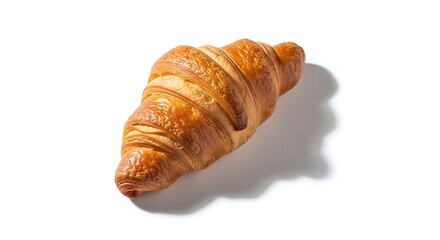 Golden croissant isolated on white background, showcasing its flaky layers and buttery texture, perfect for breakfast or a delightful snack, captured in a highresolution studio shot with soft, natural