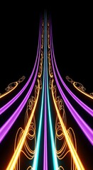 Vibrant neon light trails create a dynamic abstract tunnel effect