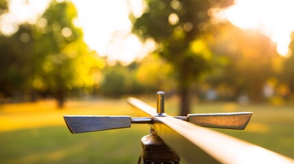 fulcrum. Wooden seesaw in a peaceful park at golden hour, showing perfect equilibrium. event key visuals, club posters, designed for sports event promotions and stadium branding.
