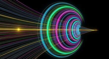 Dynamic colorful light streaks radiating into dark space create energy