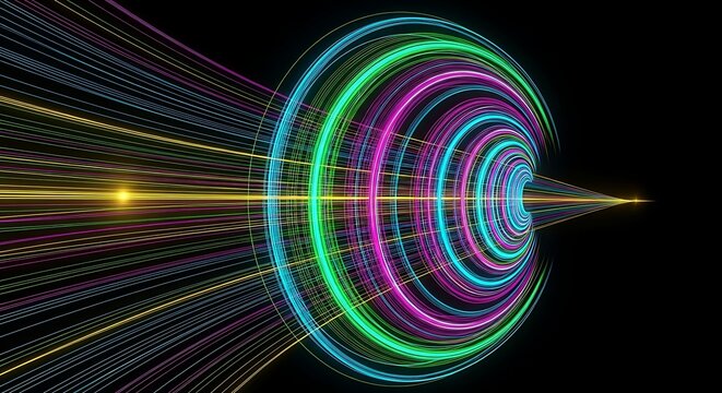 Dynamic colorful light streaks radiating into dark space create energy