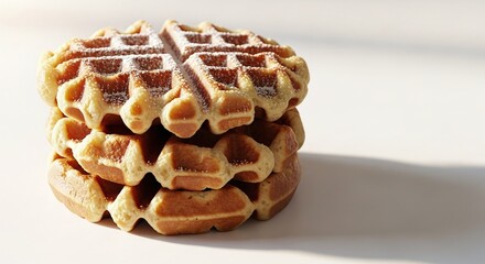 A stack of three freshly baked waffles, dusted with powdered sugar, sits on a pristine white surface, casting a soft shadow that accentuates their goldenbrown texture and inviting appearance, perfect 