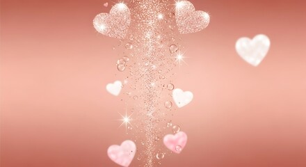 Sparkling rose gold hearts cascade with bubbles and light