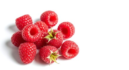 A vibrant pile of fresh raspberries isolated on white background, showcasing their bright red color, juicy texture, and delicate green stems, perfect for healthy eating and summer fruit concepts