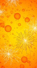 Vibrant orange background with bubbles and firework-like light bursts