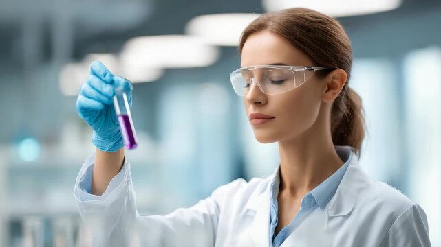 Young woman scientist wearing lab coat, safety glasses holds test tube with vibrant purple solution in high tech laboratory. She demonstrates precision, expertise in scientific research