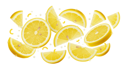 Vibrant yellow lemon slices and wedges, glistening with juice and water droplets, suspended dynamically against a transparent background, concept for beverage advertising