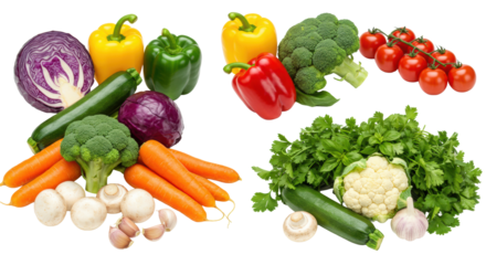 Vibrant, fresh raw colorful vegetables including bell peppers, tomatoes, and leafy herbs, arranged on a white studio background. Healthy food concept