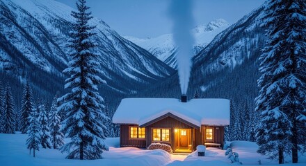 Cozy wooden cabin in snowy mountain landscape at dusk
