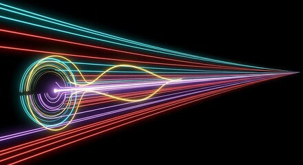 Dynamic neon light trails zoom into abstract digital vortex, futuristic energy flow