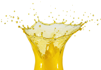 A vibrant, glossy, viscous yellow liquid splash with irregular droplets and tiny air bubbles, frozen mid-burst, expertly lit against a transparent background with copy space, concept for commercial