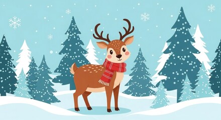 Cute cartoon reindeer in red scarf snowy forest christmas