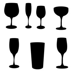 Drink Glasses Silhouette Vector Set – Wine Glass, Champagne Flute, Cocktail Glass, Beer Glass, Bar Icons for Party, Celebration, Christmas, New Year, Holiday Designs	