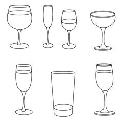 Drink Glasses Vector Outline Set – Wine Glass, Champagne Flute, Cocktail Glass, Beer Glass, Bar Icons, Beverage Line Art for Party, Christmas, New Year, Holiday Designs	
