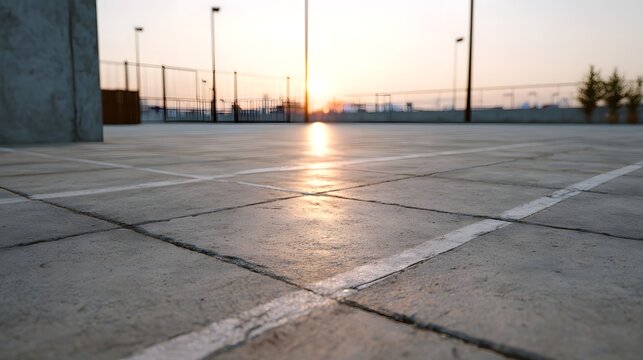 A low angle view of a concrete court with white lines during a golden hour sunset