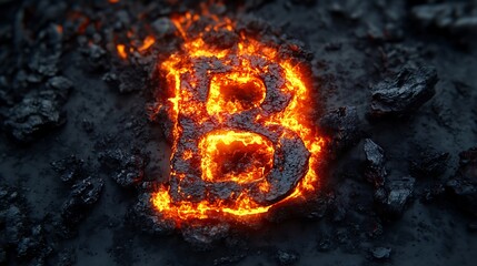 Fiery letter b crafted from glowing coal and magma, evoking cryptocurrency, intense power, and elemental forces.
