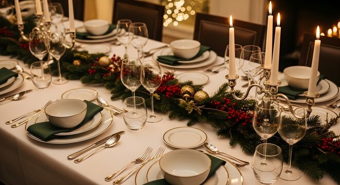 Elegant holiday dinner table setting with candles and garland - Powered by Adobe