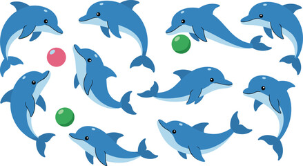 Cartoon dolphins illustration, playful marine animals, swimming poses, bouncing balls, ocean life, kids graphic, aquatic fun, vector design, blue theme