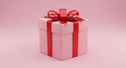 Obraz premium Pink gift box with red ribbon on pink background