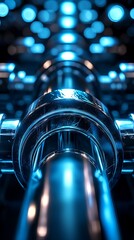 Abstract metallic chrome pipes with vibrant glowing blue light reflections creating a futuristic high-tech industrial design.