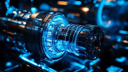 Detailed view of advanced mechanical shaft with intricate gears and vibrant blue light, representing precision engineering.