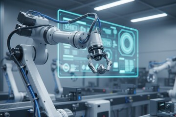 Fototapeta premium A high-tech robotic arm operating in an advanced automated factory, assembling components with precision. Futuristic digital interface and industrial machinery in a modern manufacturing environment.