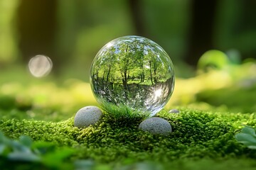 A crystal sphere reflecting a lush green forest, resting on vibrant moss and stones, bathed in soft sunlight