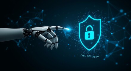 Artificial intelligence touching cybersecurity shield with glowing connection for security data