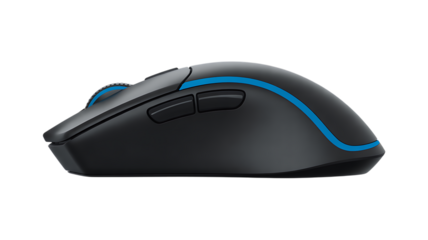 Black Wireless Gaming Mouse with Blue Accent – Transparent PNG, Ergonomic Esports Design, Isolated.