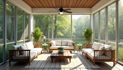 Modern screened porch with cozy patio furniture for relaxation. Sunroom addition on house large windows with forest view. Wooden deck floor ceiling fan, comfortable sofas create serene living space
