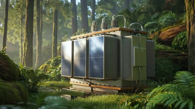 Cinematic Video of Eco-Friendly Electrical Transformer with Solar Panels in Lush Green Forest
