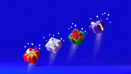 Four colorful gift boxes floating with glitter and stars