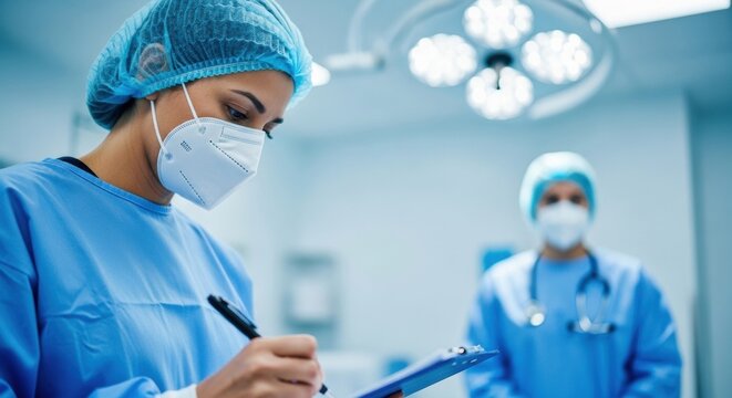 A focused female surgeon in blue scrubs and a protective face mask diligently writes a patient's medical report on a clipboard inside a modern hospital operating room