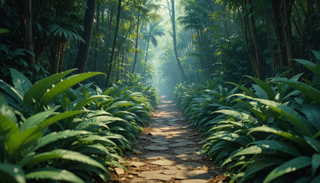 A path through lush green forest with dense foliage - Powered by Adobe