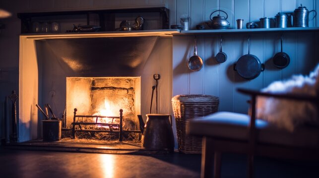 nadir. Ancient kitchen with tin utensils on shelves reflecting firelight. lifestyle magazines, social media lookbooks, designed for influencer and brand collaborations, used by radiologists.
