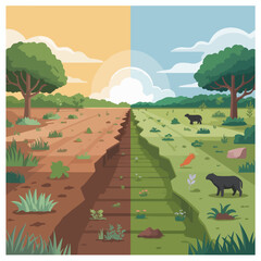 Healthy soil and sustainable agriculture vector illustrations showing carbon storage, mycorrhizal networks, and global soil awareness map concept