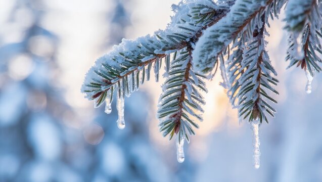 Frost covered pine branch with icicles in winter sunlight