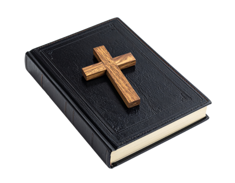 Book, bible with wooden cross isolated on a transparent background. - Powered by Adobe
