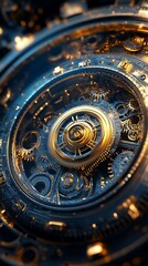 Close-up of intricate mechanical gears and cogs in a complex clockwork mechanism with golden and blue tones