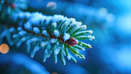 Frosted Pine Needle Close Up Blue Bokeh ice crystals