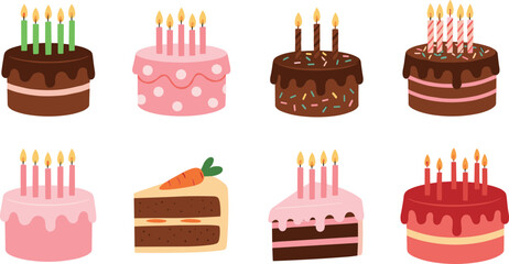 Colorful collection of birthday cakes and cake slices with candles, frosting, sprinkles, and decorations in cute flat vector style for celebration designs.