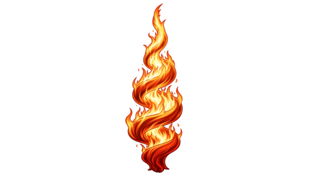 Stylized swirling flame with fiery orange and red colors, isolated on transparent background