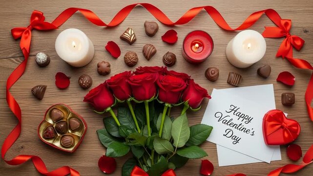 Valentines day flat lay red roses, chocolates, candles, and a greeting card on wood