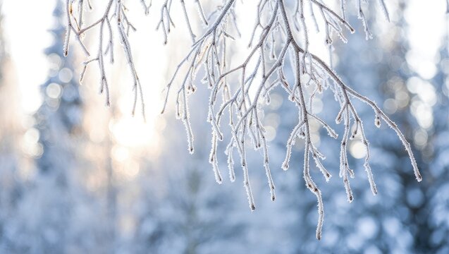 Frosted tree branches in soft winter sunlight nature