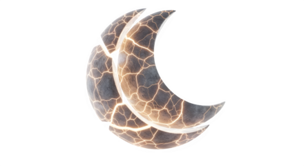 Cracked glowing crescent moon shape with intricate texture, isolated on transparent background